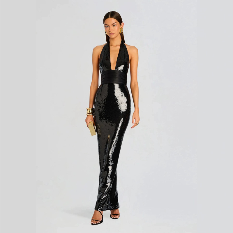 Amazon Cross-Border Celebrity Style Nightclub Party Evening Dress Fashionable Sexy Sequined Party Halter Dress for Women