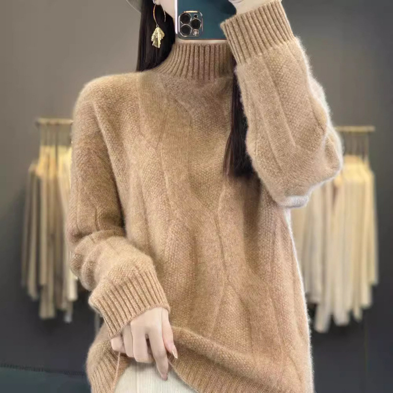Thickened Twisted 100 Wool Sweater Women's Mock Turtleneck Loose Knitted Base Long-sleeved Sweater for Autumn and Winter