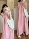 Pink Sling Long Dress Women's Summer New Seaside Vacation Beach dress Neck Design Niche Dress