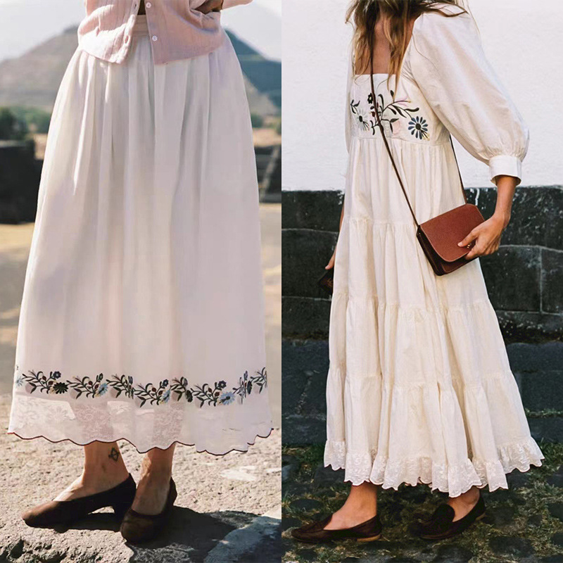 French-Style Niche 2026 Early Autumn Pastoral Square-Neck Vine Floral Puff Sleeve Lace Dress Half Skirt 26614