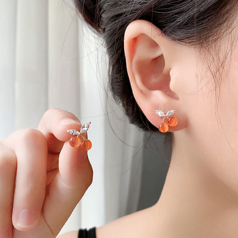 Ear Studs Classification 1 Pair Sweet Cherry Cat's Eye Stone Copper Zircon Ear Studs