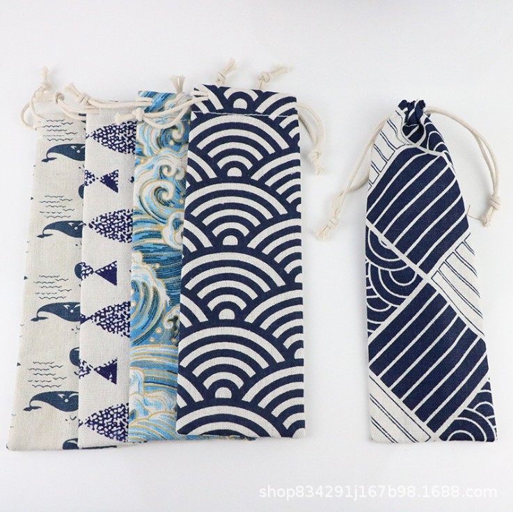 Cordón bolsa de lona bolsa de lino bolsa de almacenamiento de paja de acero inoxidable bolsa de vajilla cuchillo tenedor cuchara peine palillos bolsa de almacenamiento