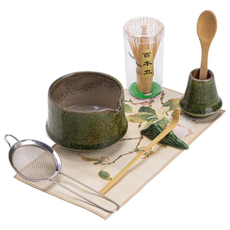 窑变竹韵陶瓷抹茶四件套日式打抹茶工具点茶碗茶筅立茶刷茶勺配件|undefined