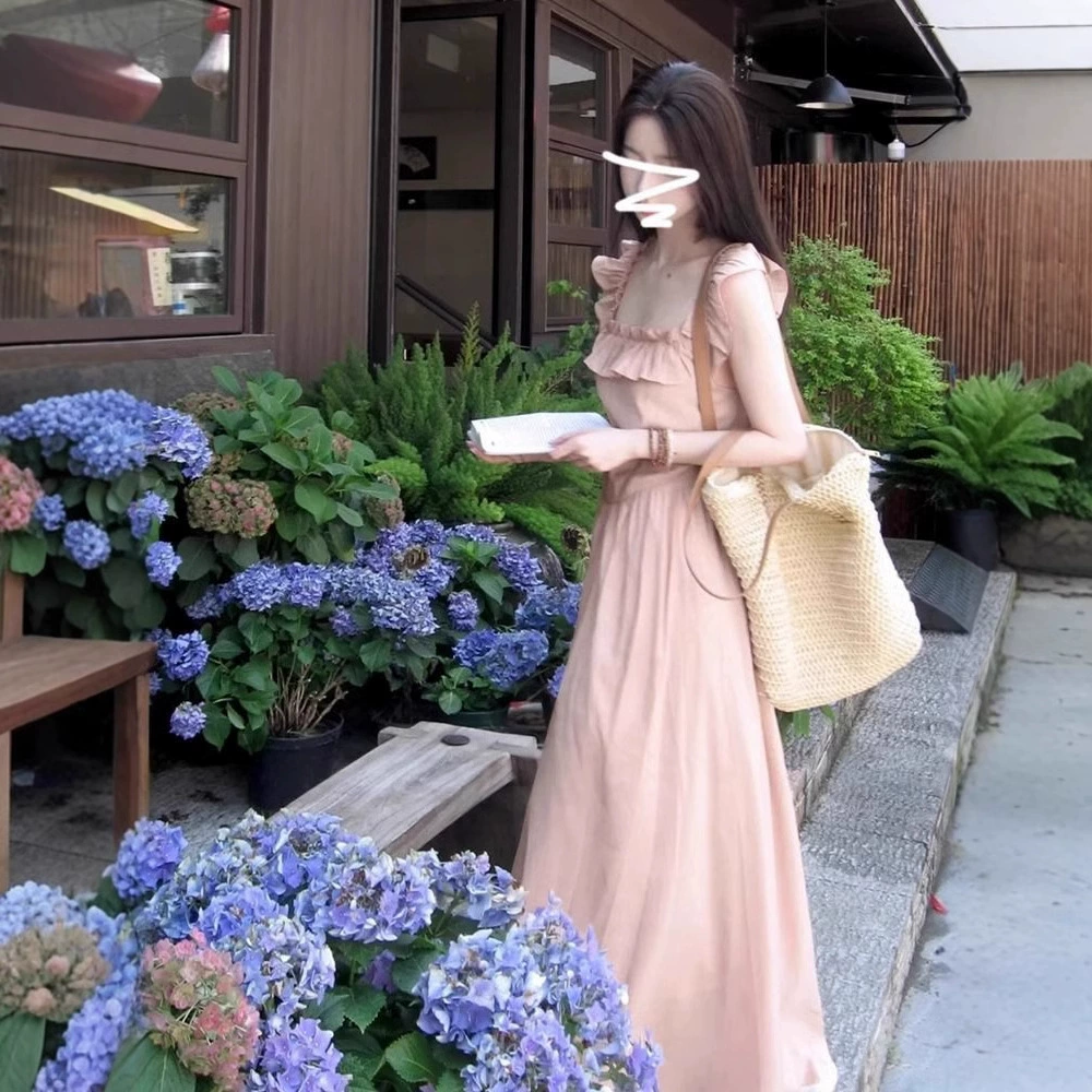 2025 новый французский темперамент нежный ветер с квадратным воротником подтяжка платье женский сладкий летний праздник длинное платье