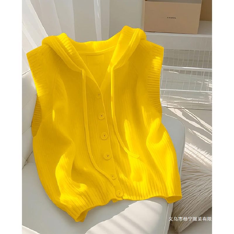 夏季恤别致法式绝美上衣设计无袖感小众连帽针织马甲背心女外套