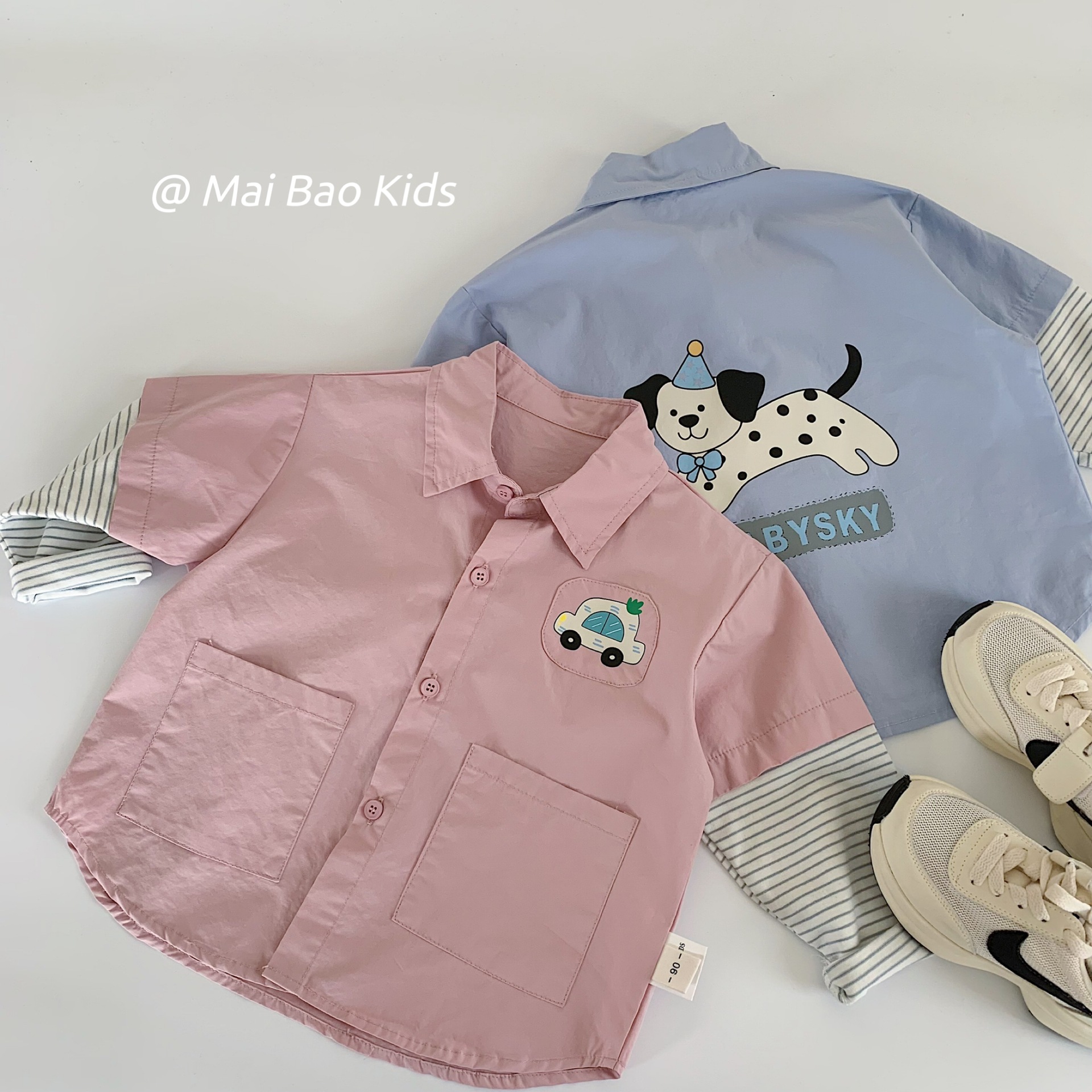 Camisas infantiles Mai Bao 2025, otoño nuevo estilo coreano para bebés de hombres y mujeres, rayas falsas de dos piezas de camisa de tela interior de moda infantil
