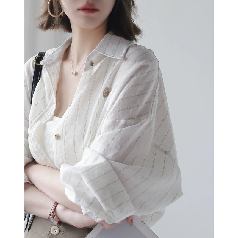 Spring and Summer 2025 Loose Thin Sun Protection Clothing Striped Cotton and Linen Long Sleeve Shirt Mid-length Retro Outer Wear Top