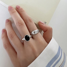 黑色椭圆锆石戒指女简约时尚冷淡风气质优雅S925银开口指环食指戒