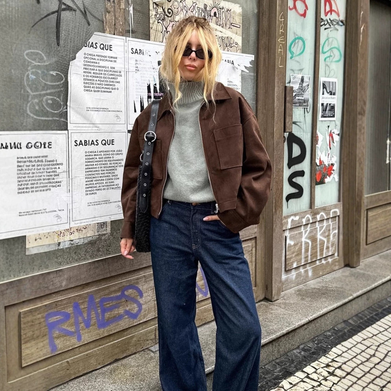 2026 Spring European and American Retro Trendy Loose Jacket Top for Women New Brown Suede Jacket Fashion Women's Clothing