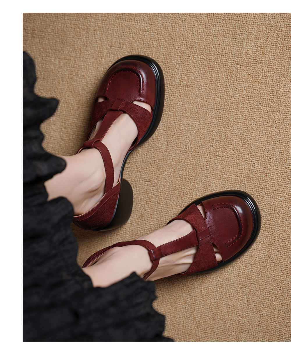 Sandal nữ cao gót mũi nhọn quai chữ T da bò, gót 8 cm — đen chi tiết 10