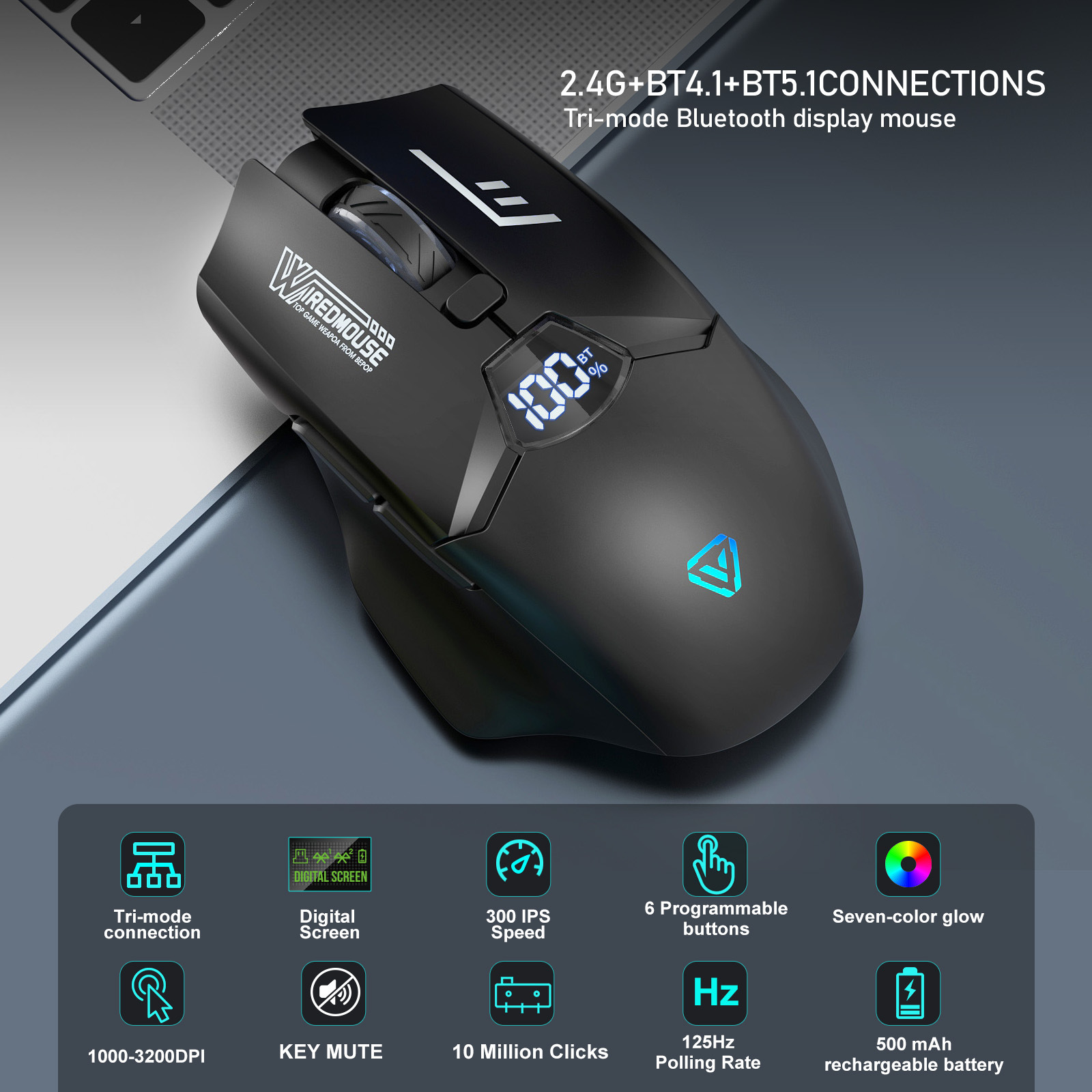 Wireless Bluetooth Dual-Mode-Maus mit Ladefunktion, leise, Gaming, intelligente Bildschirmanzeige, Computer-Monitor-Maus für grenzüberschreitenden Handel