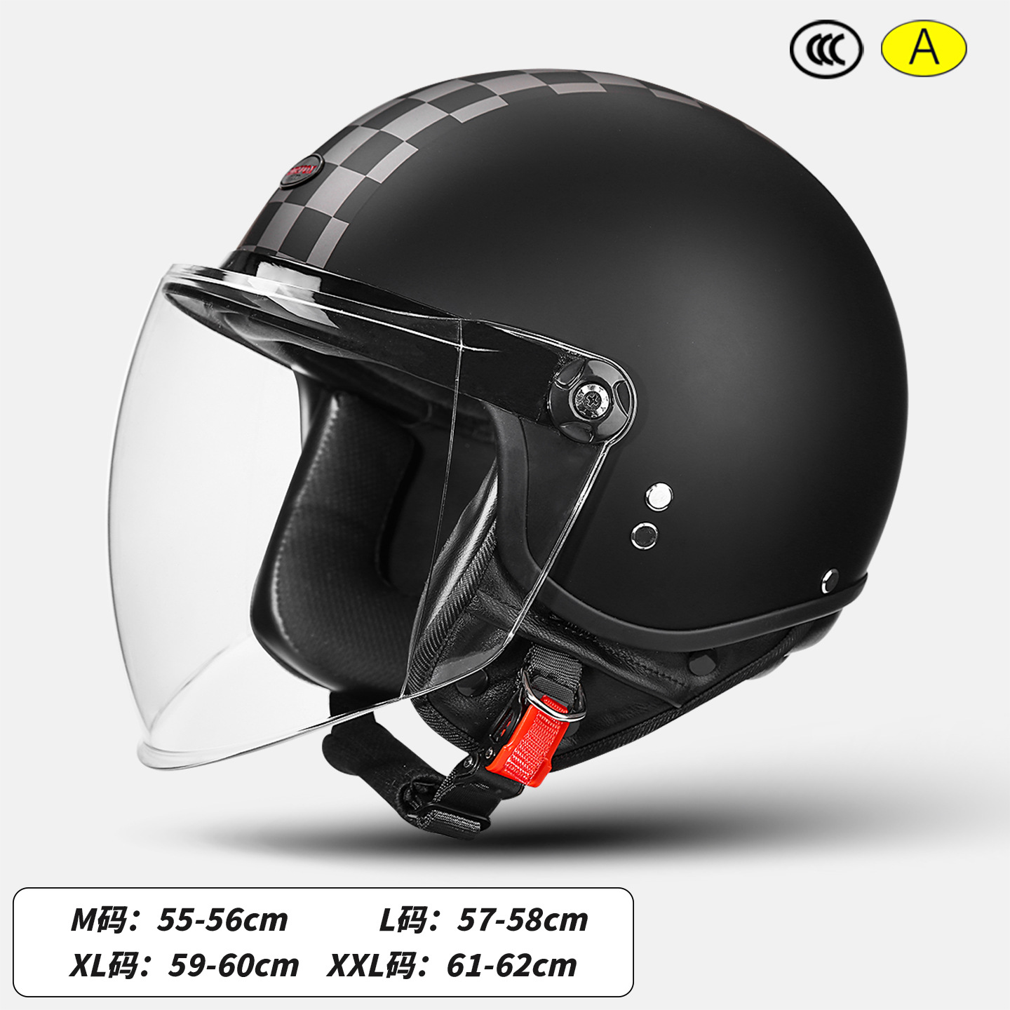 Motosiklet kaskı (dəbilqə) — Motuoche 3/4 Leather Helmet - painted-surface-black-long-transparent-lens-size-m-55-56cm
