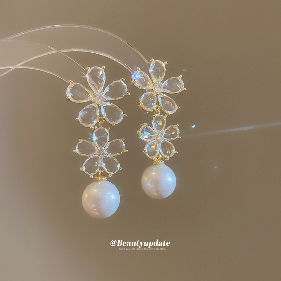 Aguja de plata, circón, flor, perla, borla, pendientes de moda, pendientes de todo fósforo, lujo ligero, pendientes de alta gama, sentido del diseño, nicho