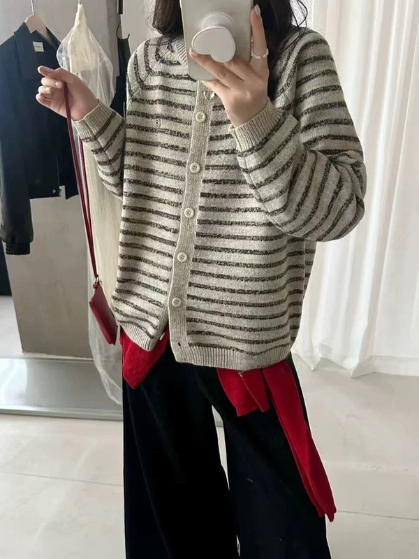 撞色条纹针织开衫女韩系外搭2025秋冬季新款圆领宽松毛衣外套上衣|undefined