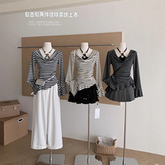 2025秋季上新设计感挂脖韩系复古条纹一字肩百搭显瘦长袖T恤女