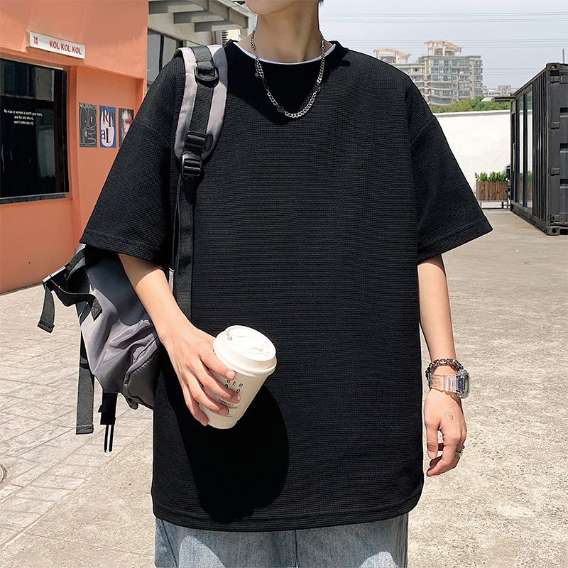 Waffle manga corta hombres marca de moda japonés verano camiseta oversize Ruan guapo simple fresco ropa pesada