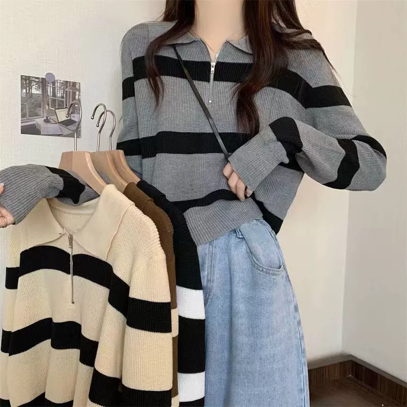 2023新款 女春秋长袖短款针织衫 显瘦条纹日系复古洋气设计感毛衣