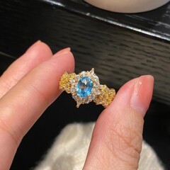 轻奢风首饰满钻海蓝鸽子蛋戒指精致小众百搭时尚饰品高级感气质