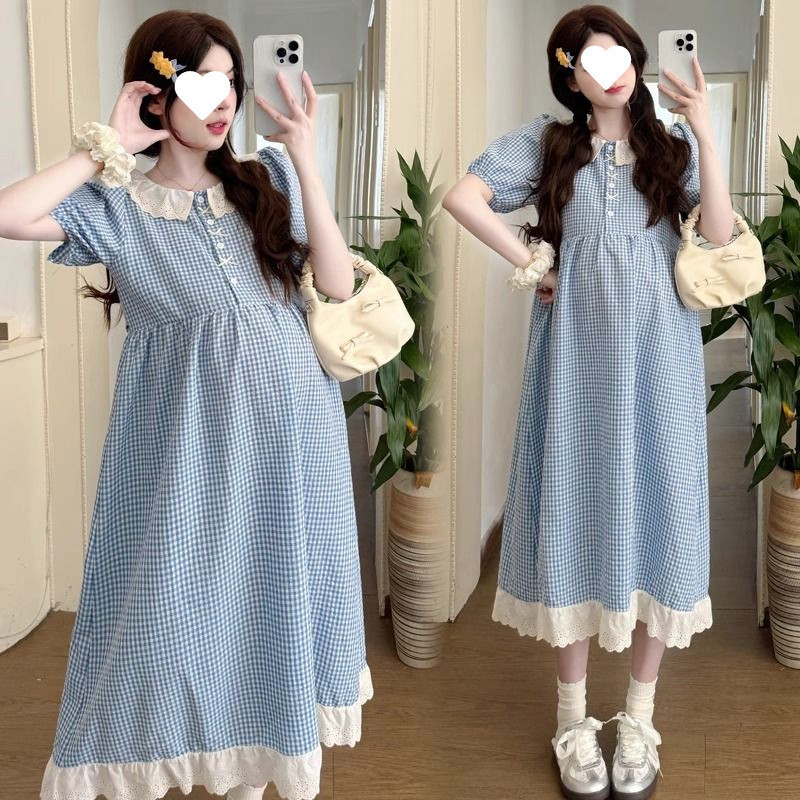 블루 체크 무늬 레이스 스커트 [단추 풀 수 있음]