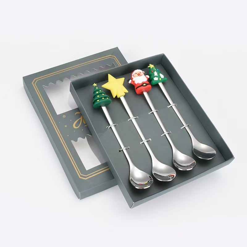 Cucharas de acero inoxidable transfronterizas muñecas de Papá Noel cubiertos cajas de regalo caseras de café mezclador cucharas de postre horquilla de frutas