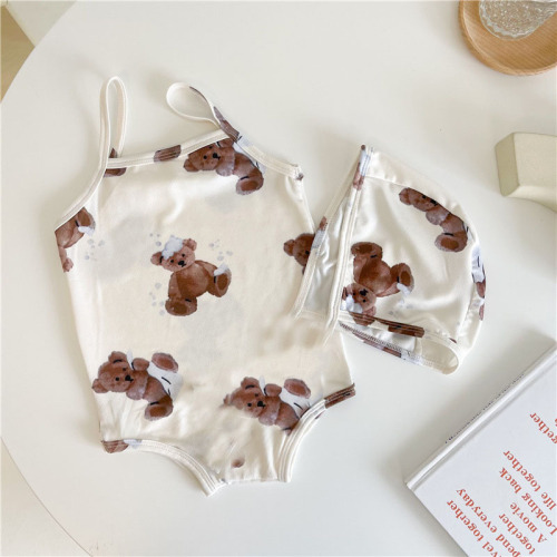 ins23 summer infant swimsuit and swimming cap, suspender bag, baby girl's swimming beach suit, one-piece