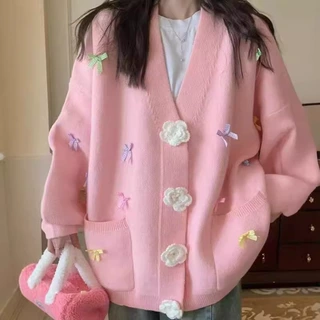 韩版V领立体蝴蝶结时尚针织开衫秋冬新款宽松慵懒甜美毛衣女外套