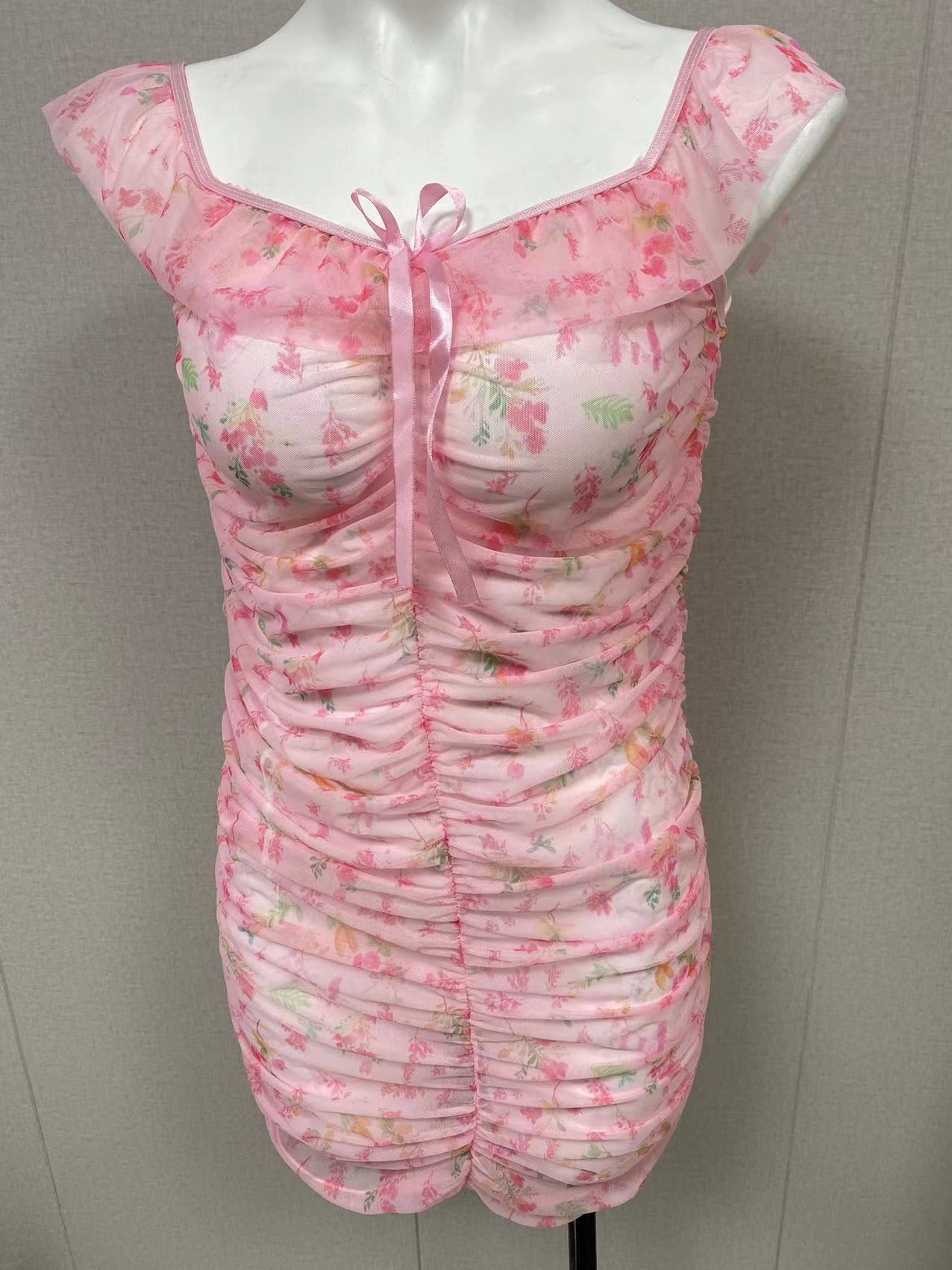 2023 nuevo transparente sexy flor ropa interior malla impreso plisado tentación pijamas camisón conjunto D5210