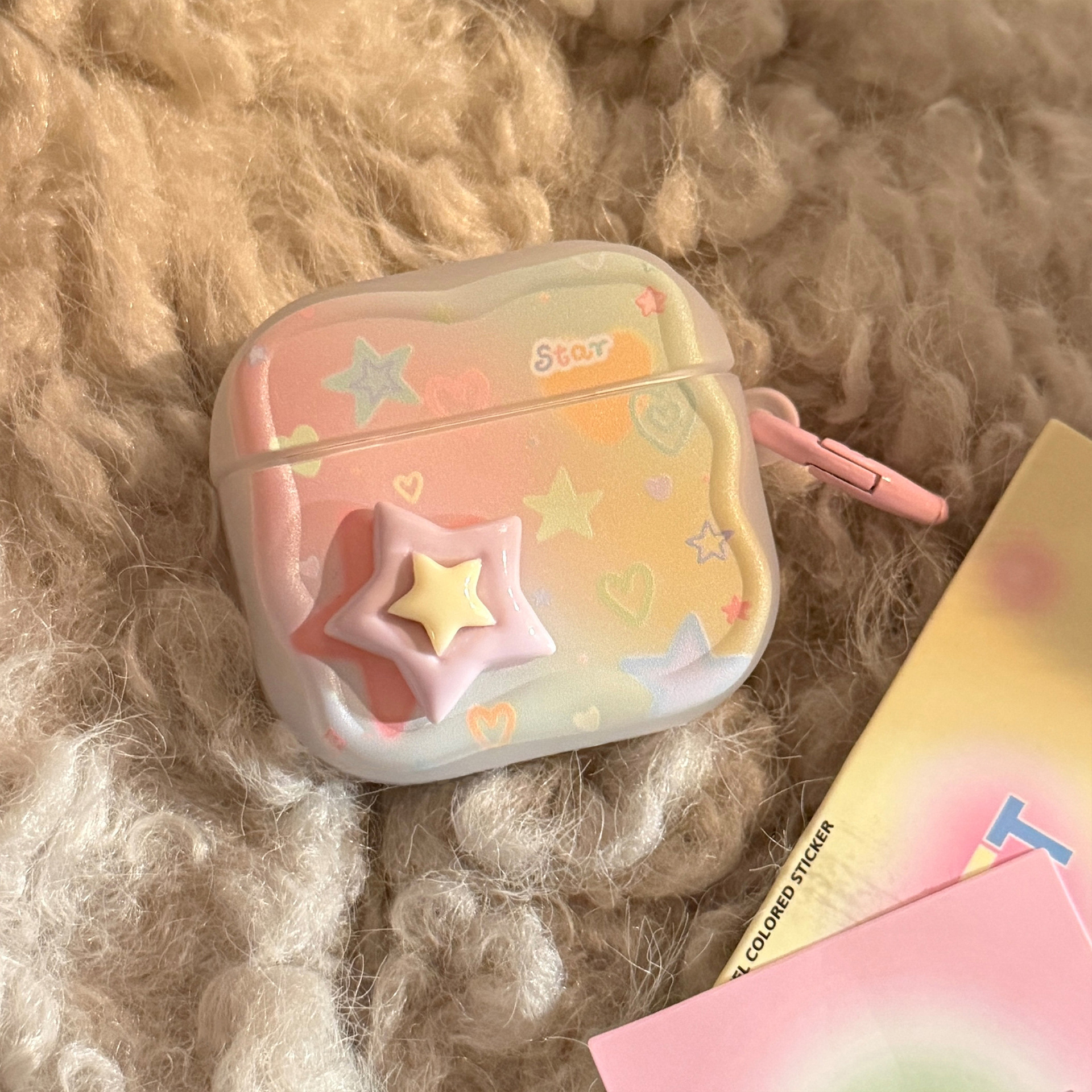 Color graffiti estrella estereoscópica airpods auriculares pro2 funda inalámbrica bluetooth 4 generación 1 anillo colgante 3