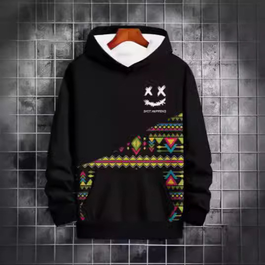 Men's Sweatshirt Long-Sleeved Shirt with Sewing Pattern and 3D Ethnic Pattern Fashion Street Clothing Fresh Spring and Autum