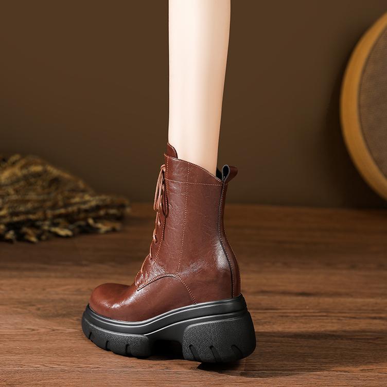 Boot Martin nữ đế xuồng da thật mũi tròn gót cao 6 cm dây buộc — nhung đen, Nhung nâu, Lớp lót đơn màu đen, Lớp lót đơn màu nâu