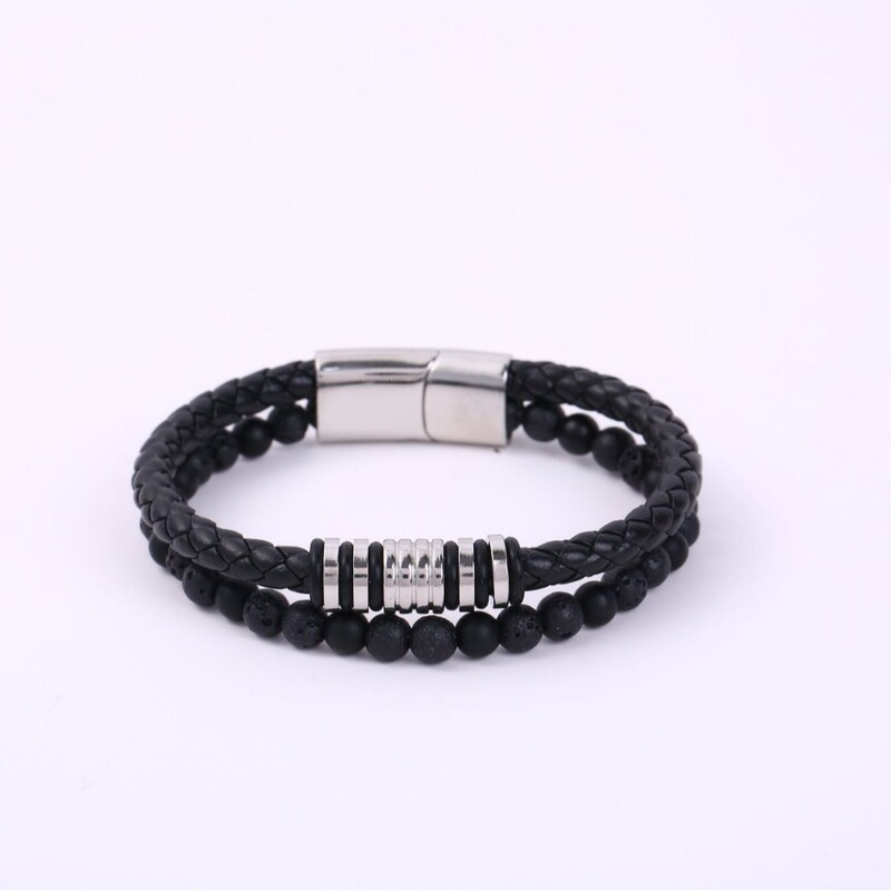 Cross-border Hot Selling Simple All-match Woven Bracelet Leather Bracelet Men's Stainless Steel Volcanic Stone Bracelet Stainless Steel Cross-border Hot Selling Simple All-match Woven Bracelet Leather Bracelet Men's Stainless Steel Volcanic Stone Bracelet Stainless Steel