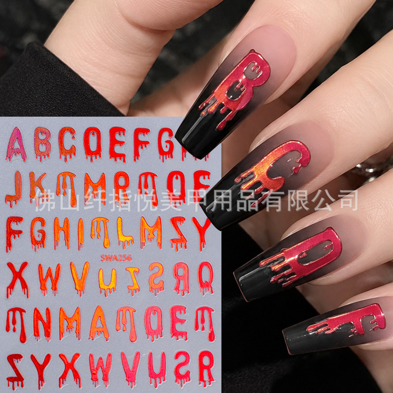 Nail Art English Letter Stickers Ins Halloween Bleeding English Simple Lines Heart Adhesive Nail Stickers Wholesale