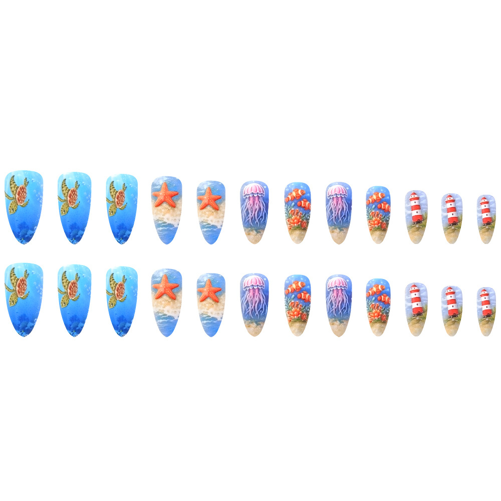 Transfronterizos de verano brisa oceánica desgaste uñas 3D estereoscópicas estrella de mar caliente 24 piezas de parche de uñas mezcla lotes image 6