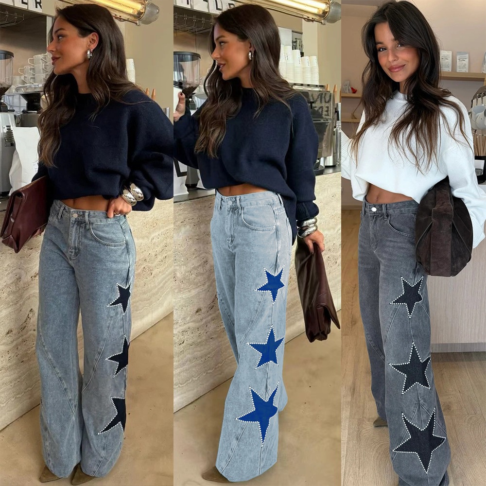 2026 European and American Cross-Border Women's New Fashion Casual Star-Pattern Loose Slimming Straight-Leg Denim Pants