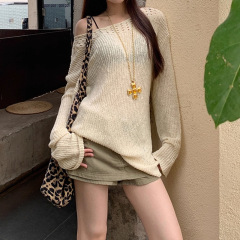 槿一 防晒罩衫女夏季2025新款针织衫上衣斜肩镂空外搭宽松空调衫