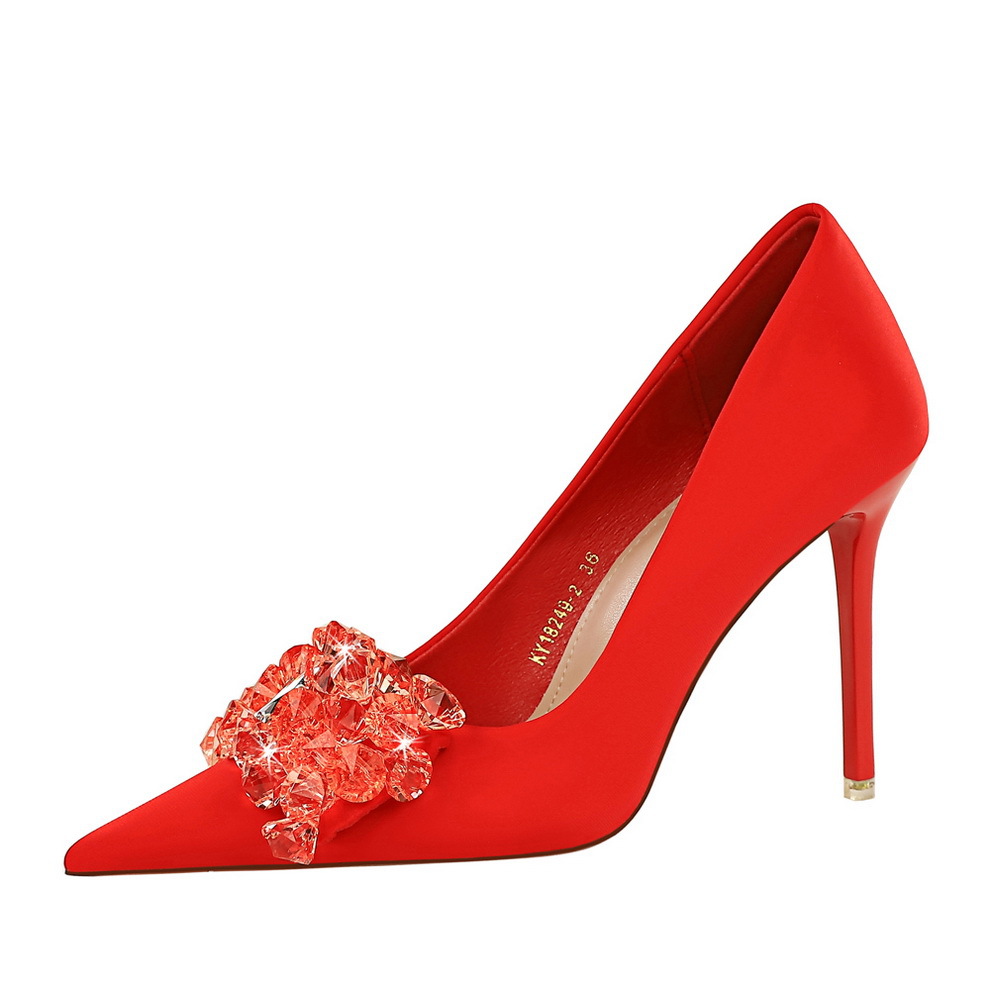High heels women's shoes super high heels fine heel satin shallow mouth pointed single shoes wedding shoes_voghion.com