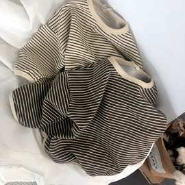 2023春秋新款 韩国清新文艺宽松条纹上衣 儿童T恤 百搭基础打底衫