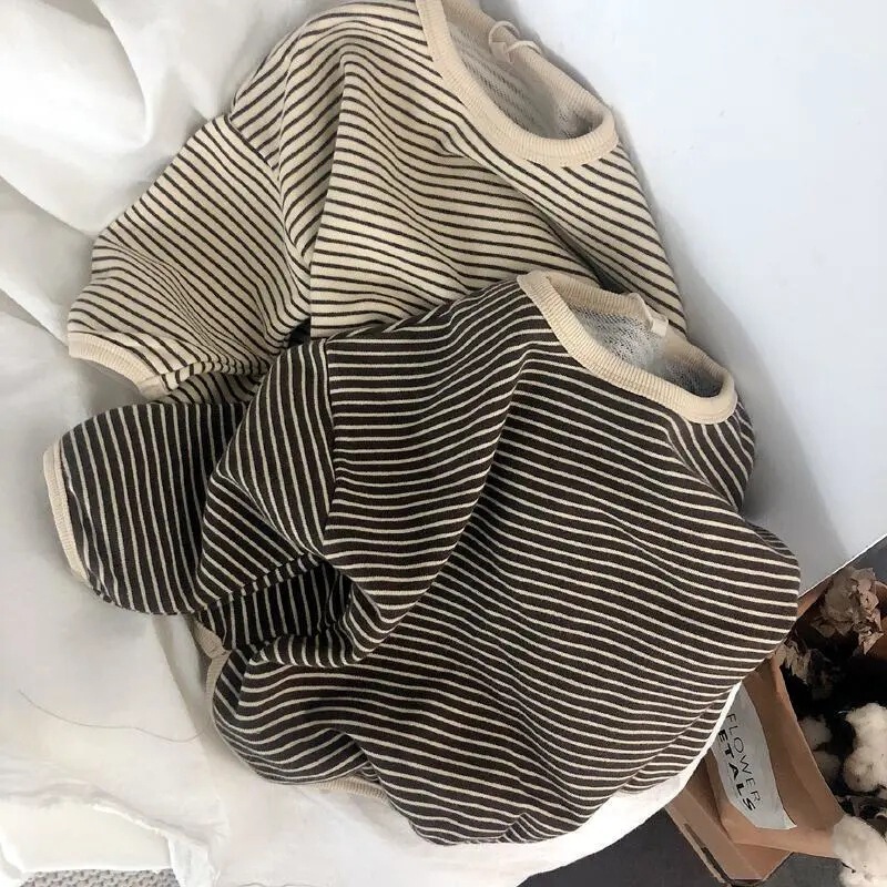 2023 Spring and Autumn New South Korea Fresh Artistic Loose Striped Top Children's T-shirt All-match Basic Base Shirt