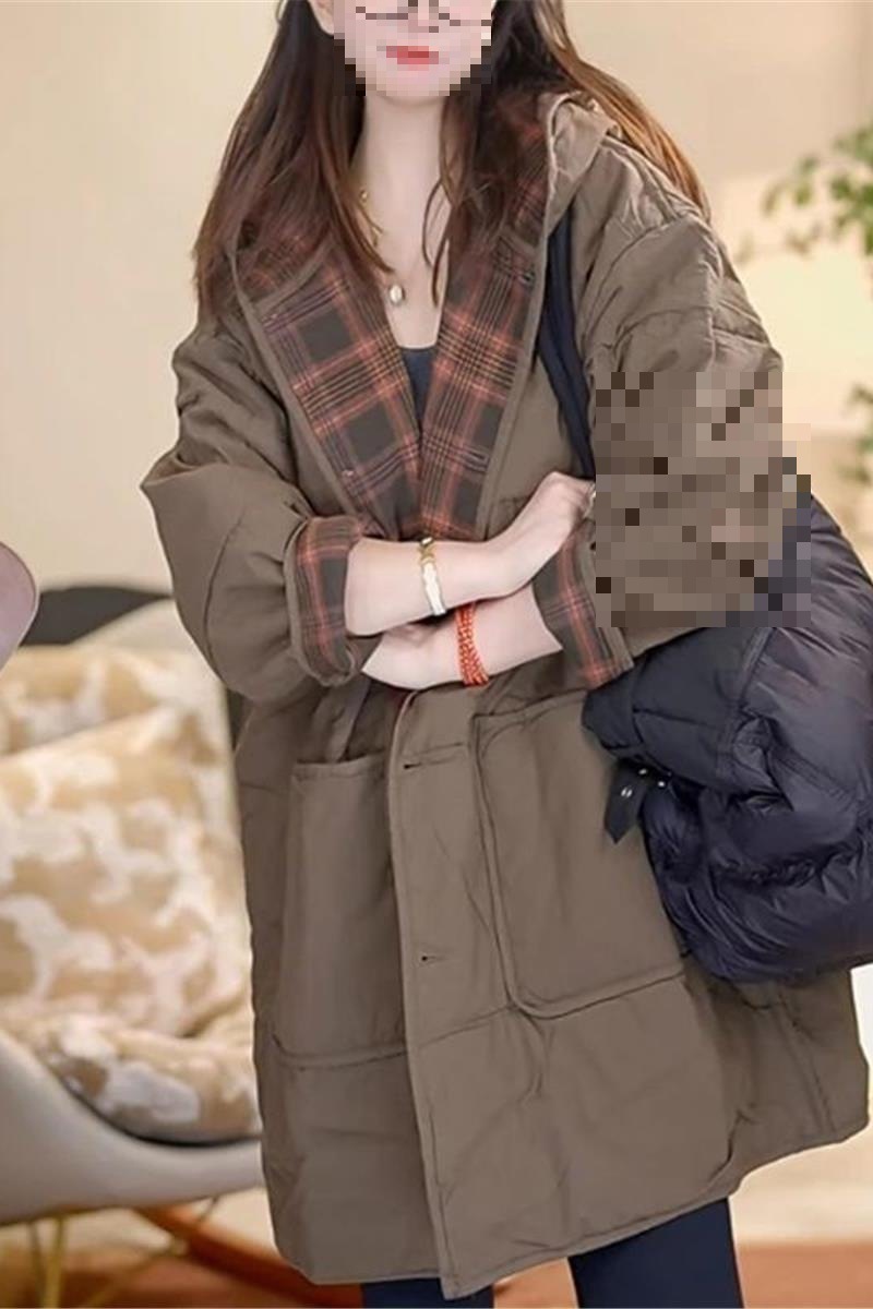 大码女装感中长款棉服气质复古宽松风衣外套秋冬夹棉连帽棉衣