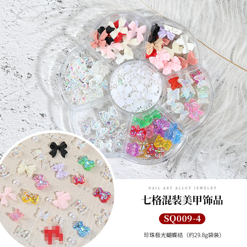 Seven-grid mixed Camellia nail jewelry bow flat diamond lollipop nail pequeña bola de acero Pearl Square Diamond