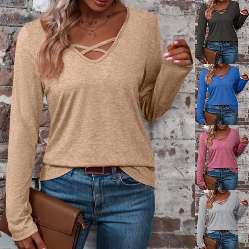 200g Weight Long Sleeve Sleeve Length Spandex, Polyester Fabric Type Regular Top Length T-shirt Tops Type Casual, Daily Occasion V Neck Neckline Regular Fit Fit Type Solid Color Pattern Spring, Autumn Season Women's Gender Casual, Simple Style Style Wholesale Women's Spandex Polyester Casual Simple Style Solid Color Long Sleeve T-Shirts