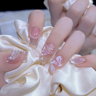 Ice Pearl Ribbon Nail Art Embossed Three-dimensional Camellia Butterfly Glitter Wear Light Luxury Style False Nail Nail Nail Piece