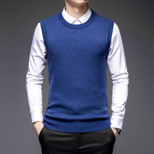 Autumn and Winter Wool Sweater Men's Sleeveless Blue Round Neck Thickened in stock Wool Vest Solid Color Daily Fit Full Wool Vest