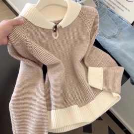 撞色条纹牛角扣翻领毛衣女秋冬法式复古宽松加厚慵懒风套头针织衫