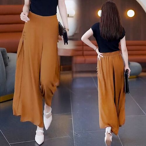 Split wide-leg pants 2025 new style white high-waist loose slimming summer culottes hanging chiffon pants set