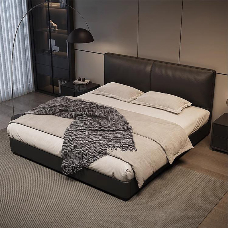 2023 Nueva cama de cuero genuino Cama doble minimalista italiana Cama de cuero negro minimalista moderna Cama de dormitorio principal Cama de boda de 1,8 m