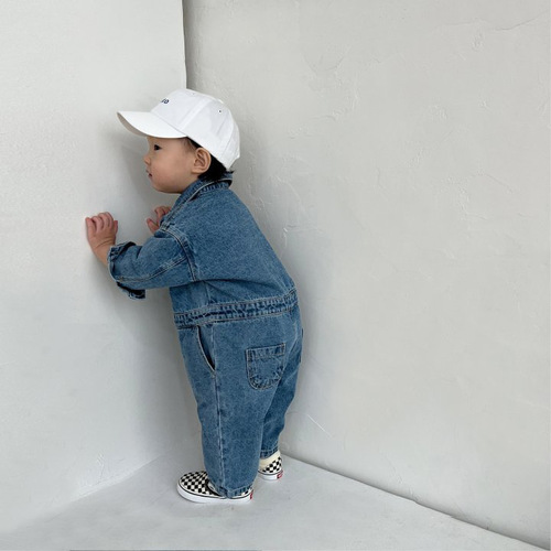 Korean infants and young children's autumn clothing, fashionable street denim jumpsuits, men's and women's baby long-sleeved work clothes, romper clothes, outdoor clothes