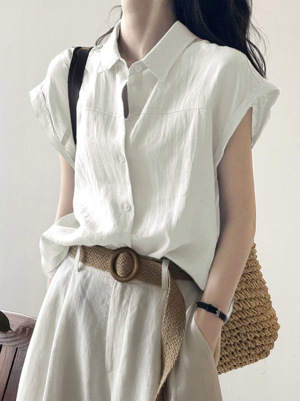 Linen Short-Sleeve White Shirt for Women, Summer White Blouse, Japanese Style Workwear, Women's Fashion, Small Flutter Sleeves, Sleeveless Cotton-Linen Top Linen Short-Sleeve White Shirt for Women, Summer White Blouse, Japanese Style Workwear, Women's Fashion, Small Flutter Sleeves, Sleeveless Cotton-Linen Top