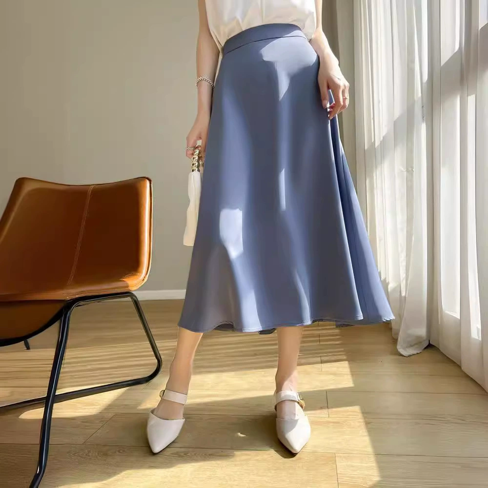 Шелковая глянцевая юбка из плотного сатина, новая модель весна-лето, однотонная, элегантная, высококачественная, средней длины.