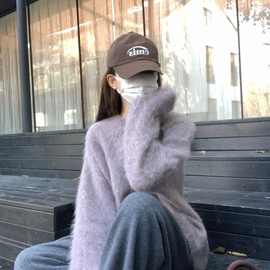 韩版水貂绒圆领套头中长款毛衣女秋冬季软糯加厚外穿水貂毛针织衫